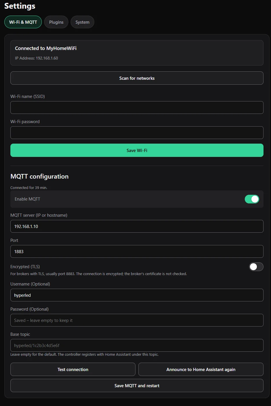 Wi-Fi and MQTT settings