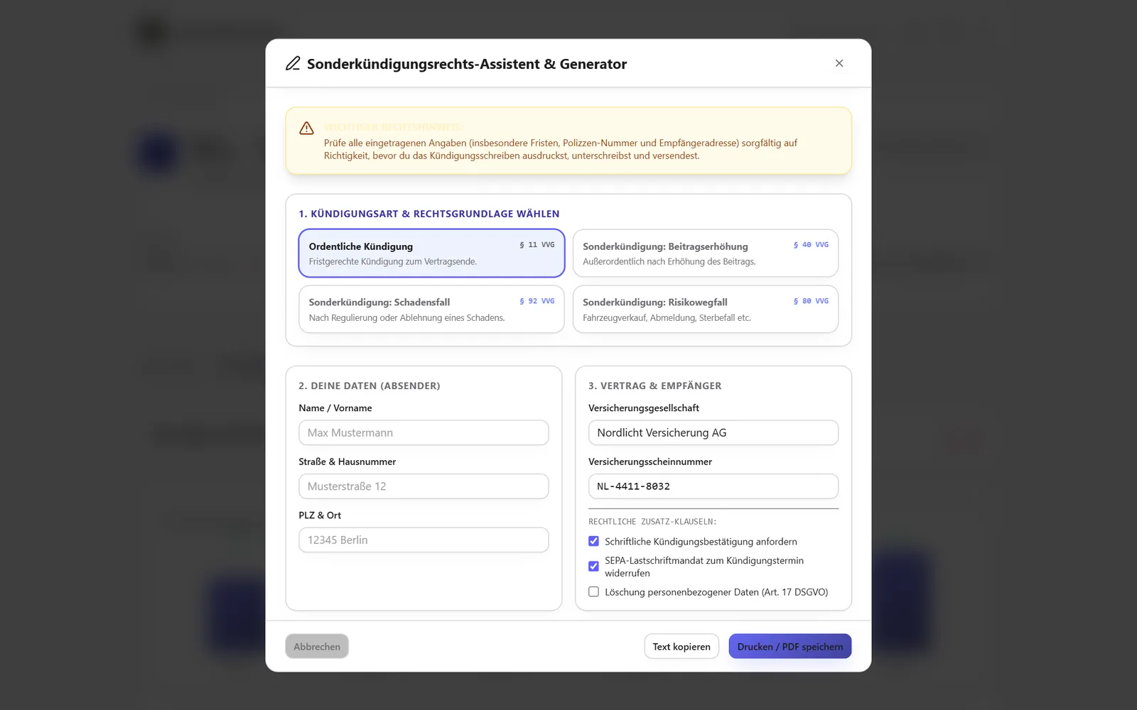 Window for creating a cancellation letter with four reasons for cancelling and fields for sender, insurer and contract number.